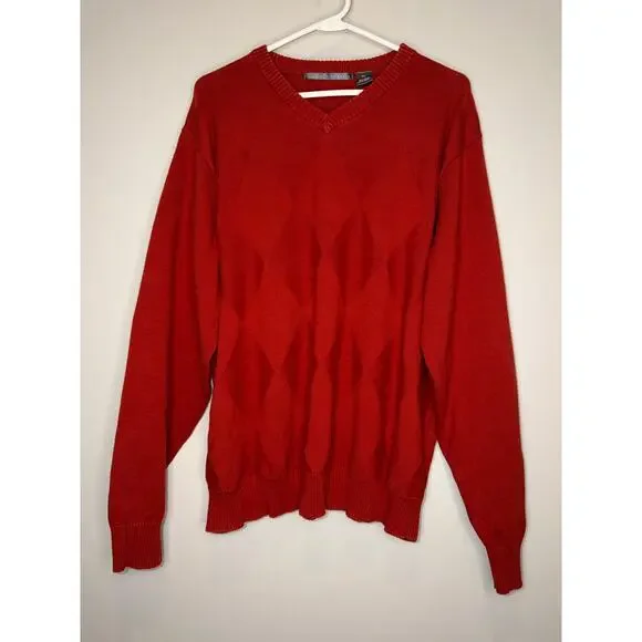 Oscar de la Renta Red Argyle Sweater Cotton V Neck Preppy Classic XXL - Picture 2 of 7